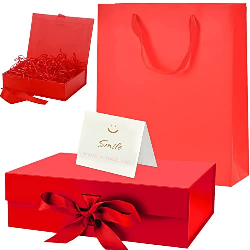 Magnética Cajas Regalo con Tapa,Caja de Regalo con Lazo,Caja de Regalo Vacia de Lujo Premium,Caja de Regalo de Reutilizable Creative Box,Bodas,Fiestas (Rojo)