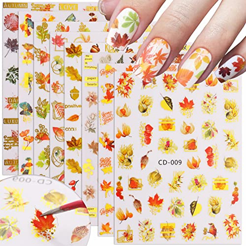 8 Blätter Nagelsticker Herbst Blätter Nagel Aufkleber, Nagelaufkleber Selbstklebend Gold Leaves Nageltattoos Nageldesign DIY Thanksgiving Nagel Dekoration für Frauen Mädchen