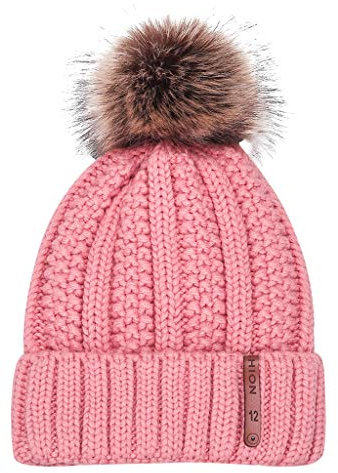Unbekannt Wollmütze Mit Kaschmir Winter Wärme Beanie Mütze Damen Mütze Gefüttert Fell-Bommel Kunstfell Wintermütze Bommelmütze Grobstrick Mädchen Bommel-Mütze/warm