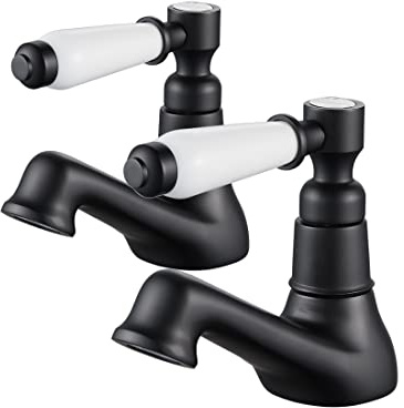 Luckyhome Traditional Basin Tap Pair,Twin 1/2 Hot and Cold Bathroom Pillar Tap with 2 Ceramic Handles,Black