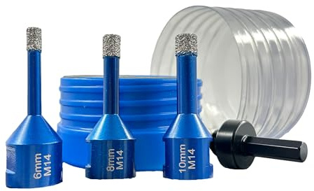 EDW Fliesenbohrkronen Set 6, 8, 10 mm mit M14 Aufnahmeadapter Akkuschrauber/Winkelschleifer Fliesenbohrer Set 4-teilig zum Bohren von Fliesen Granit Glas Feinsteinzeug