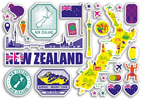 A5 Sticker Sheet New Zealand Landmarks Vinyl Stickers - Bright Map Airport Stamp Skyline Flag Travel Holiday Country City Aesthetic #80372