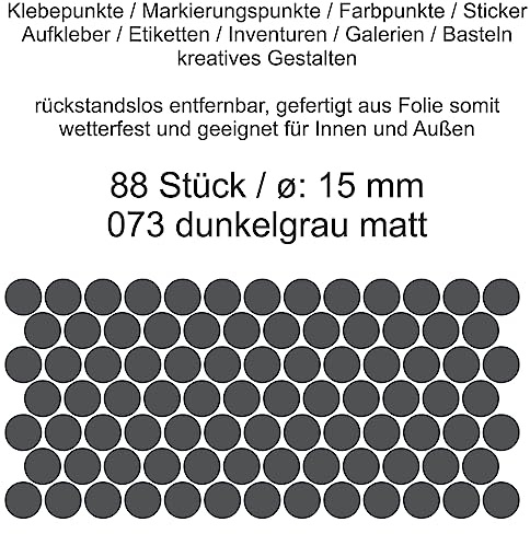 Aufkleber Etiketten Klebepunkte aus Folie 88 Stück grau dunkelgrau matt rund 15 mm selbstklebend farbig wetterfest Decal Markierungen Organisieren DIY basteln verzieren Modellbau Scrapbooking