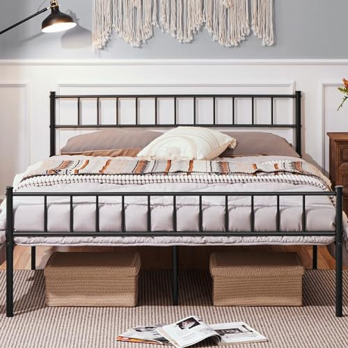 Yaheetech Struttura Letto Matrimoniale in Ferro Battuto a Doghe in Metallo 160 x 200 cm Testiera Semplice Nero