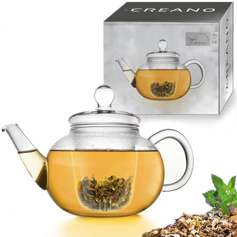 Creano Théière en Verre 0,8 L - Théière en Verre avec Passoire et Couvercle - Idéal pour les Thés en Vrac - Anti-Goutte
