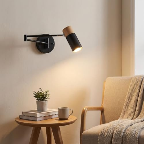 BARCELONA LED Aplique de Pared Nórdico Extensible LOGAN E27 G45 Madera y Metal Negro, Brazo Articulado 360° Estilo Moderno Vintage Industrial, Lámpara de Lectura para Dormitorio, Salón