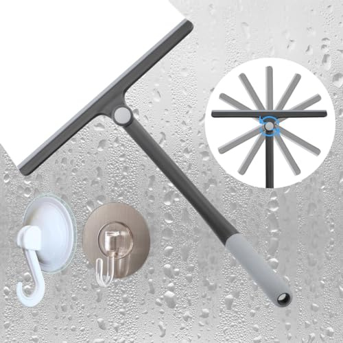 Ruayia Duschabzieher mit Klebehaken, 360° Drehbar Silikon Abzieher Dusche, Fensterabzieher Erweiterter Griff 33CM Lang - ohne Bohren für Badezimmer Spiegel, Fliesen, Fenster, Glas, Autofenster (Weiß)