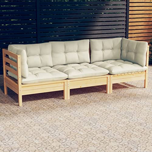 Chaduof 3-Sitzer-Gartensofa mit Creme Kissen, Gartenlounge, Garden Sofa, Balkonmöbel, Gartenmöbel, Loungemöbel, Outdoor Sofa, Massivholz Kiefer