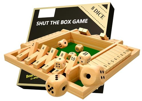 DEUXYU Shut The Box 4 Spieler, Holz Würfelspiel mit 8 Würfel, Traditional Würfelspiel für Erwachsene und Kinder, Familienspiele, Unterhaltsames Spiel, Tisch Würfelspiel Spielzeug