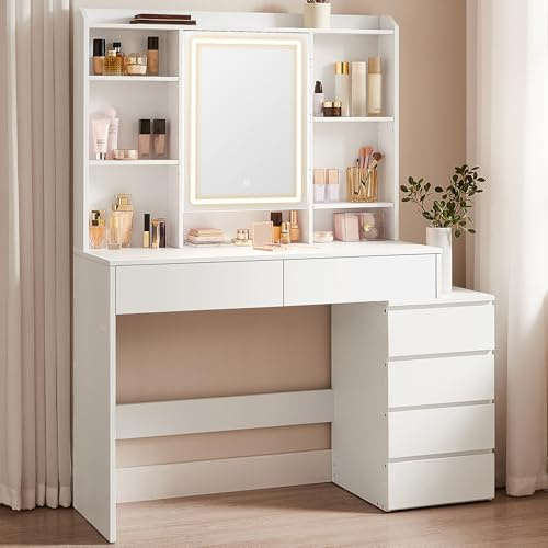 VASAGLE KAILYN Collection - Dressing Table with LED Lights, 40 x 117.5 x 145 cm, Modern Makeup Desk, Vanity Table with Mirror, Drawers, Open Compartments, Adjustable Shelves, Cloud White RDT624W02