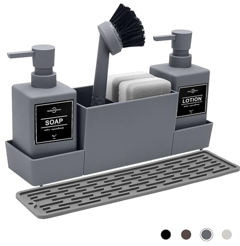 CAUTIOUS 350ML Spülbecken Organizer mit Bürste, Seifenspender Spülschwamm Küche Spülmittelspender Set aus Kunststoff, Spülorganizer mit Zwei Seifenspender, Küchengadget Organizer (grau)
