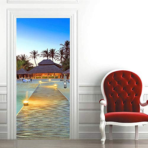 3D Türtapete Türaufkleber Selbstklebend Türfolie Poster Fototapete Türbilder Türtattoos Wasserdichte Tür Stickers für Kinderzimmer Wohnzimmer Badezimmer 100x200 cm Holzbrücke Landschaft