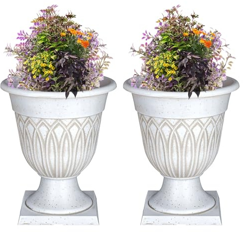 SG Traders Large Urn Plant Pot Stand, Flower Pots Outdoor Garden Planters, Indoor Plant Pot, Tall Planter with Drainage Holes, Strong Plastic Patio Home Plants (Pack of 2)
