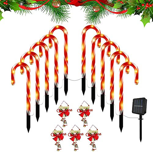 10 Stück LED Solar Lichterkette,Weihnachten Schneeflocke Beleuchtete Zuckerstangen Lichter Weihnachtsweg Marker für Garten Dekoration Gartenstecker Balkon Weihnachtsbeleuchtung Deko Außen (20)