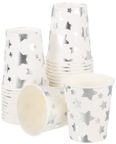 QUARKZMAN Gobelets en Papier Jetables, Lot de 50 Gobelets Décoratifs de 9 OZ pour Café, Thé, Lait, Adaptés pour Fête, Pique-Nique, Voyage et Événement (Étoile Argentée)