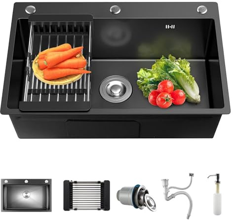 Fregadero de cocina multifunción 304 inoxidable, empotrado con 3 agujeros (negro, 50 x 40 cm)