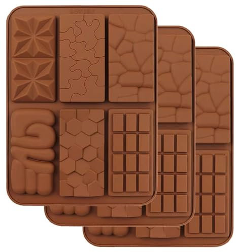 Chocolate Bar Moulds with 6 Shapes, 3PCS Break Apart Silicone Chocolate Mould, Non-Stick Reusable DIY Baking Molds Candy Protein & Energy Bar Molds