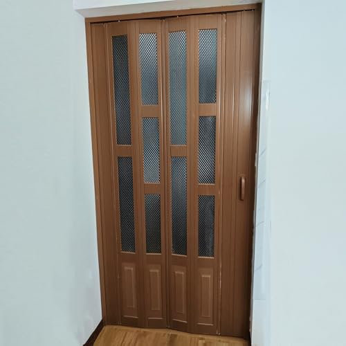 Porta a Soffietto da Interno Porte Pieghevoli Interne in Pvc Marrone Retrò, Porta a Soffietto in Pvc Effetto Legno con Acrilico a Scacchi, Porta Scorrevole a Soffietto per Porta, Armadio, Bagno, Cucin