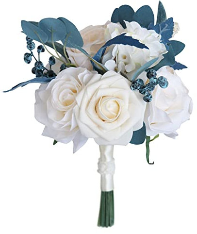 WASTEBIN 11 Zoll Künstlicher Brautstrauß Für Heiratsantrag Hochzeitszeremonie Und Jubiläum (Rosenstrauß Pfau Blau)