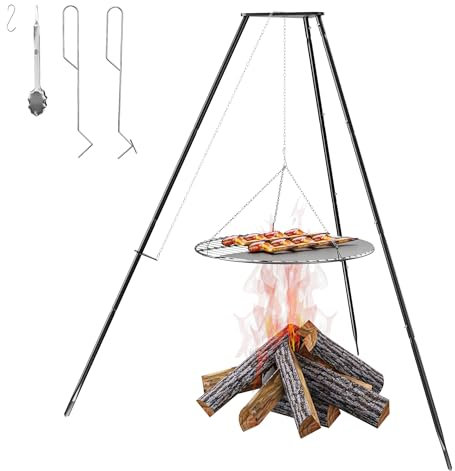 Lagerfeuerstativ zum Kochen, tragbar & zusammenklappbar, Camping-Kochstativ, Grill mit rundem Grillrost für BBQ, Picknick, Outdoor, Kochgeschirr, Party