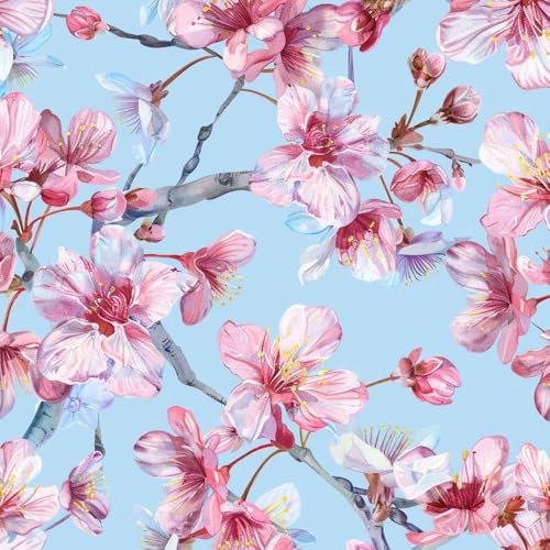 JIAOQSS Carta Da Parati Autoadesiva Acquerello fiori di ciliegio azzurro Carta da Parati Adesiva Muro Carta da Parati per Bagno,Soggiorno,Cucina e Camera da Letto