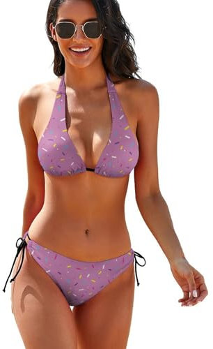 QTAVETEND Zweiteiliger Damen-Bikini, Neckholder, Triangel-Bikini-Set, String-Badeanzug, bunte Donut-Glasur, Streusel, Bademode, Stil:, XXL