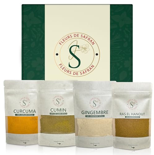 Coffret NOEL EPICES **A OFFRIR NOEL** 100% naturel avec 4 épices les plus vendues-CADEAU Noêl -Saveurs épices authentiques de la cuisine orientale-gingembre-cumin-ras el hanout-cumin