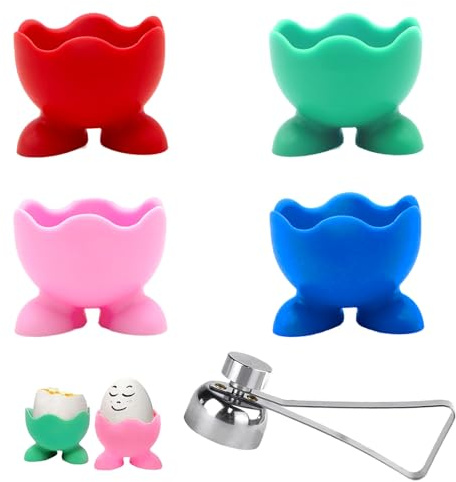 5-Piece Set Egg Cups, Egg Cups 4 – Funny & Colorful Boiled Egg Holder Kit with Egg Opener | Egg Cups 6 for Soft or Hard Boiled Eggs, Egg Cup for Kids and Adults (4 Pcs & 1 Egg Opener)