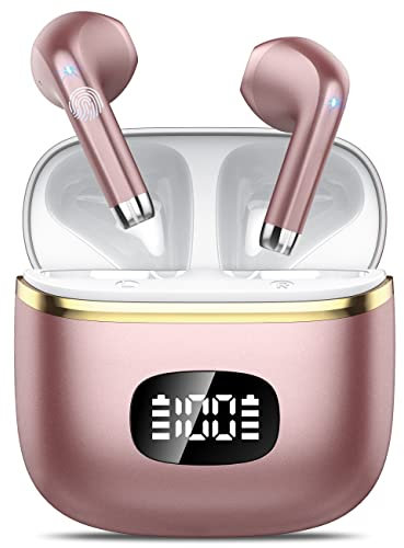 Bluetooth Kopfhörer, Kopfhörer Kabellos Bluetooth 5.3 mit 4 ENC Noise Cancelling Mic, kopfhörer kabellos HiFi Stereo, LED-Anzeige, 40 std Spielzeit, In Ear Ohrhörer für Arbeit Spiel Sport, Roségold