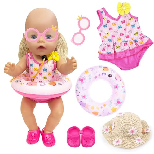 WanderGo Schwimm-Set für Puppen, 5 Stück Badeanzug Puppen Set Rosa Puppenkleidung Sommer Schwimmset für Puppen mit Hut, Schwimmring, Schuhe und Sonnenbrille für 35 - 45 cm Schwimmpuppe