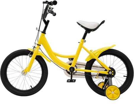 Bicicletta gialla da 16 pollici, con ruote, una combinazione di freni anteriori e posteriori, ruote rimovibili, pedali di protezione, copertura catena, peso netto 9 kg