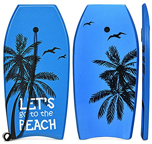 SPORFIT Bodyboard, 33/37/41 Inch Lightweight Surf Board with EPS Core, XPE Deck & HDPE Slick Bottom, Adjustable Wrist Leash, Body Board for Beach, Suitable for Kids Adults (Blue Coconut Palm, 37)
