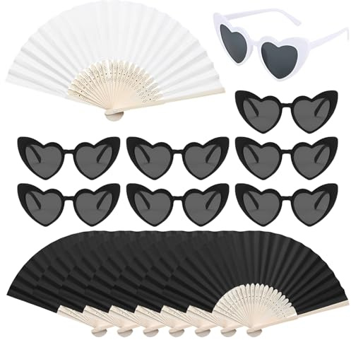 Matreeglam 16 Stk Handfächer Weiß Papier Fächer mit Team Braut Herz Brille, Hochzeitsfächer Faltbar Hochzeit Gäste Geschenk Hochzeitsdeko Vintage