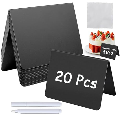 20 Mini Kreidetafel - Preisschilder Aufsteller 100 x 75 mm - Kleine Tafeln zum Beschriften aus PVC mit 2 Kreiden und 1 Putztuch - A-förmige Kreidetafeln für Hochzeit, Party, Gastronomie und Buffet