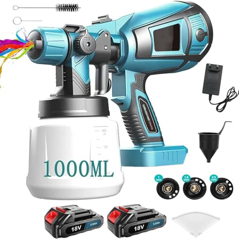 Cordless Paint Sprayer 18V Battery, Compatible with Makita, Spray Gun 500W with 4 Nozzles & 3 Spray Patterns, 1400ml Tank (2X3.0Ah Battery) - Ideal for Wall Paint, Furniture, Fences