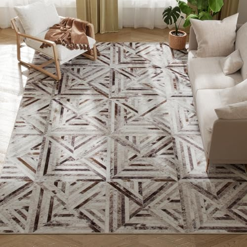 HOMCOM Modern Area Rug, Triangle Pattern Non-Slip Washable Rug, Chenille Floor Carpet for Living Room, Bedroom, Dining Room, Home Office, 290 x 200 cm, Brown