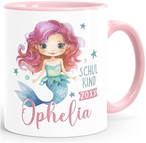 SpecialMe® Tasse Schulkind personalisiert mit Namen Jahreszahl 2026 | Meerjungfrau | Geschenk Einschulung Schulstart | Kindertasse Mädchen | Keramik Rosa standard