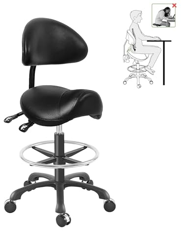 Ergonomic Adjustable Drafting Chair with Oversized Saddle Seat, Heavy-Duty Esthetician Stool for Salon Office Workshop Stool, Smooth Casters for Hard Soft Floors(with Backrest/Footrest,Black)
