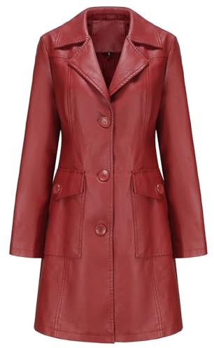 Veste longue en similicuir à revers pour femme, trench-coat décontracté en PU avec poches, rouge vin, taille 3XL