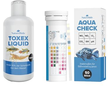NatureHolic Aquarium Soforthilfe Wassertest Set - 6-in-1 Teststreifen & ToxEx Liquid Schadstoffbinder - Wasseranalyse & Klarwasser bei Nitrit, Schwermetallen & Ammonium - Test & Wasseraufbereiter