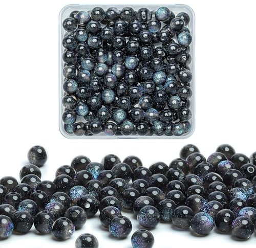 Gkelaly 8mm Black Grey Glitter Glass Beads for Bracelet Making, 100pcs Iridescent Round Crystal Beads for Jewellery Making, Necklaces and Earrings, with Storage Box