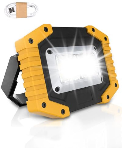 Rechargeable LED Work Light, 45W Portable Floodlight with 3 Modes and USB Charging, Waterproof Outdoor COB Work Lamp for Camping, Garage, Yard, Hiking, Emergency Lighting (Yellow, Batteries Included)