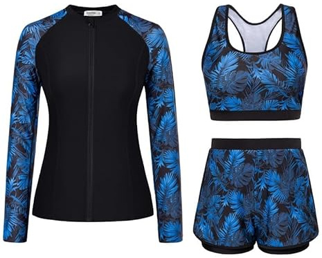 JASAMBAC 3-Teiliger Rash Guard Set Badeanzug Damen Bauchweg Langarm Badeshirts Bikini Oberteil Und High Waist Badeshorts Reißverschluss Bademode Surfanzug Sport Schwimmanzug