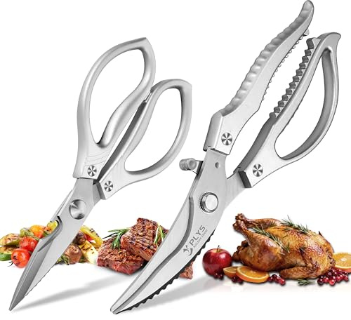Kitchen Scissors Set 2PCS Plys: Heavy Duty Poultry Shears and Food Scissors - Silver Stainless Steel Sharp Meat Cutting Shear for Chicken, Fish, Vegetable, and Bone, Home Cooking Use
