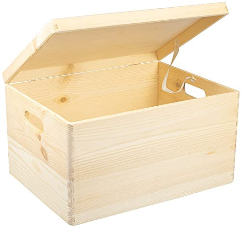LAUBLUST Große Holzkiste Deckel und Griffe - 40x30x24cm, Natur, FSC® | Allzweck-Kiste aus Holz - Aufbewahrungskiste | Geschenk-Verpackung | Deko-Kasten zum Basteln | Spielzeug-Truhe | Erinnerungsbox