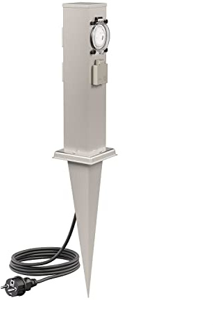 ledscom.de Garten-Steckdosen-Säule Polly mit Erdspieß und 2m Kabel für außen, IP44, 3-Fach mit Timer/Zeitschaltuhr, Edelstahl, eckig, 38cm