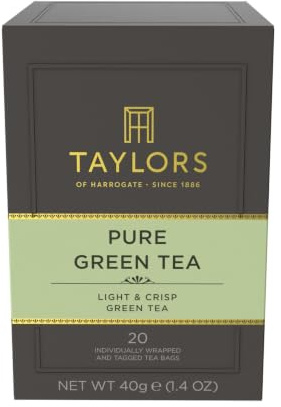 Taylors of Harrogate Pure Green, Grönt Te, 20 Tepåsar | Delikat Grönt Te, Mjukt Milt och Uppfriskande, Lätt Kopp med Ren Eftersmak, Ansvarsfullt Inköpt sedan 1886