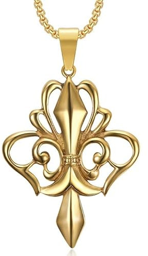 BOBIJOO Jewelry - Grand Pendentif Fleur de Lys et Croix Royale en Acier Inoxydable Doré Or Fin – Bijou Élégant avec Chaîne