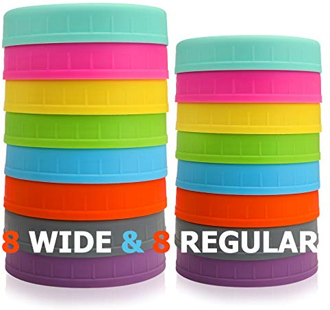 AOZITA [16 Pack] Colored Plastic Mason Jar Lids Fits Ball, Kerr & More - 8 Wide Mouth & 8 Regular Mouth - Storage Caps for Canning Jars, Dishwasher Safe & Food Grade & Leakproof