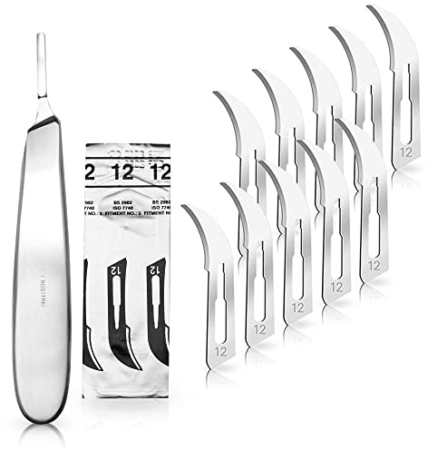 Set - 10 Stück Skalpellklingen Figur 12 aus Karbonstahl - Ersatzklingen einzeln steril verpackt + 1 x May - Skalpell-Halter mit 13,5 cm langem Griff - Edelstahl | Kompaktes Profi-Tool für Handwerk und Fußpflege. Liefert exakte Kurven.